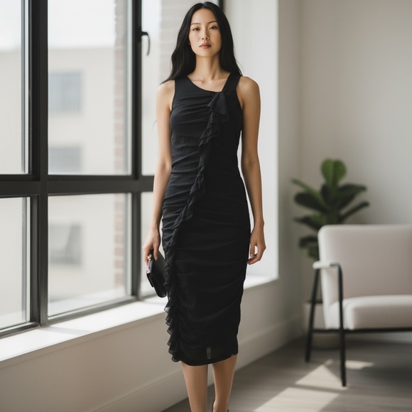 Jean Paul Gaultier Soleil Vintage Black Ruffle Midi Length Sheath Dress Size M - Picture 2 of 14